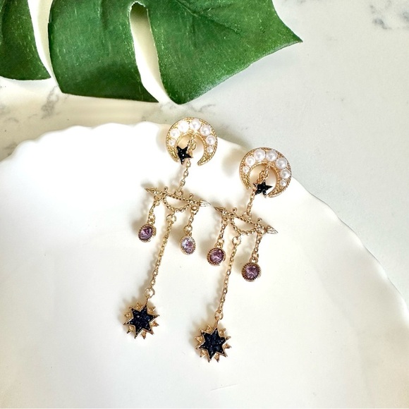 2/$30🌵 Crescent Moon Faux Pearl & Stone Earrings Star Tassel Boho Jewelry NEW - Picture 1 of 8